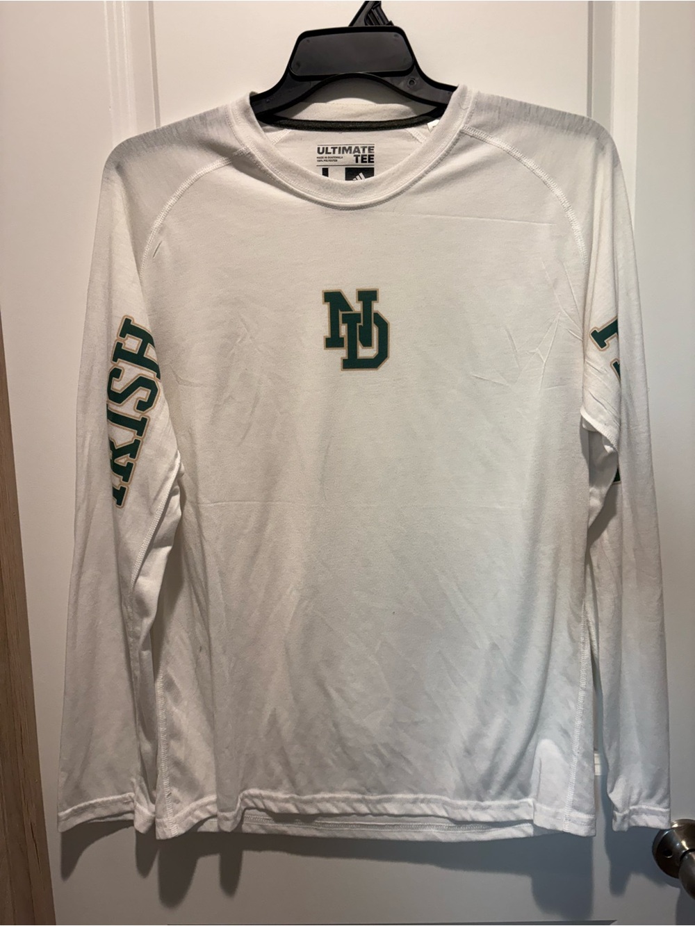 ND White Long-Sleeve Performance Tee NOTRE DAME IRISH LOGO SZ-LG